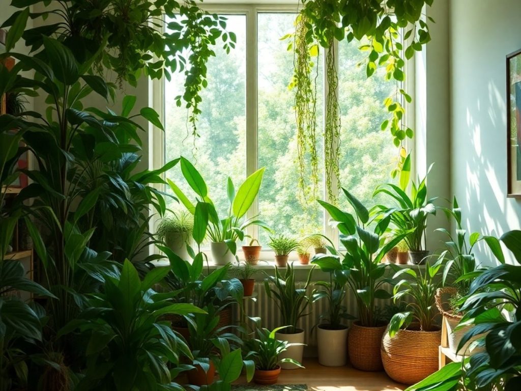 Spațiu interior plin de plante verzi și lumina soarelui.