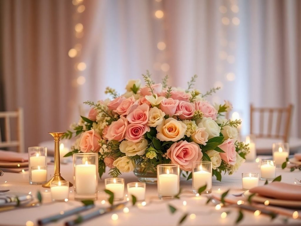 Decorațiuni florale elegante, lumini ambientale, masă festivă