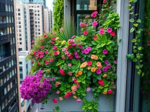 Grădină suspendată urbană cu plante verzi și flori viu colorate.