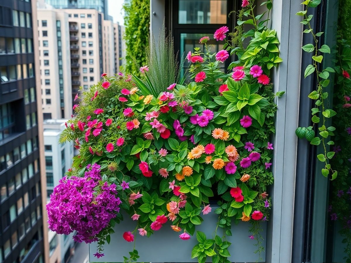Grădină suspendată urbană cu plante verzi și flori viu colorate.