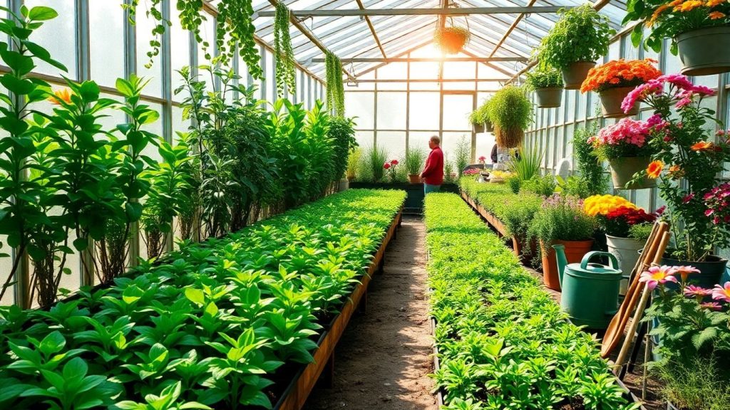 Seră plină cu plante verzi și flori colorate.