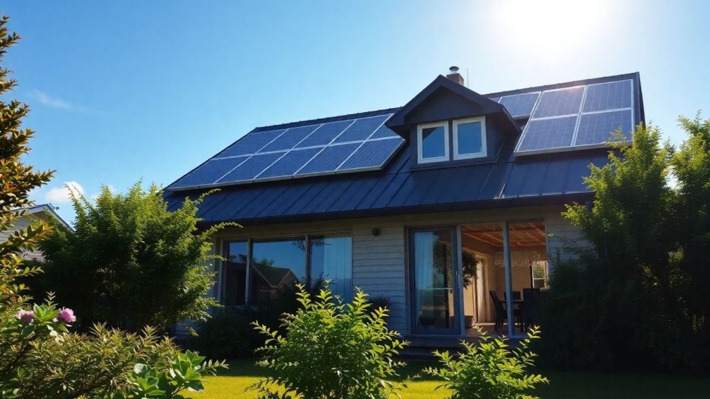 Casă modernă cu panouri solare și ferestre eficiente energetic