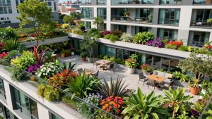 Grădină urbană pe acoperișul unui bloc de apartamente.